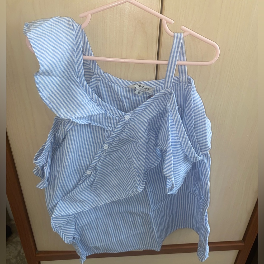 Habitual Girls Blue White Striped Ruffle Button Top Size 10